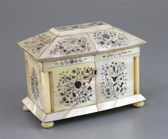 A Regency engraved and inlaid mother of pearl sarcophagus tea caddy, 6.5in.